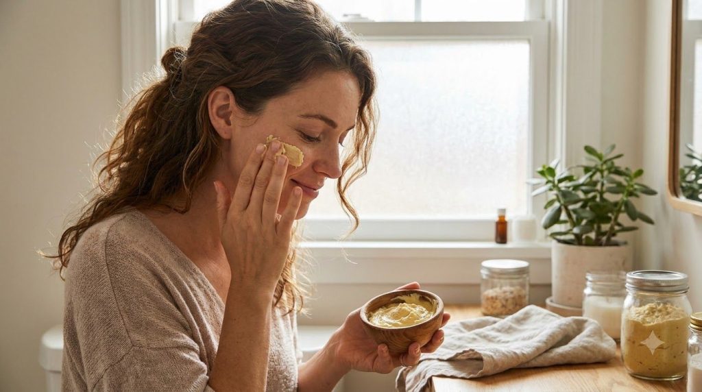 A woman applying the DIY beauty paste to her face showing a smooth even application
