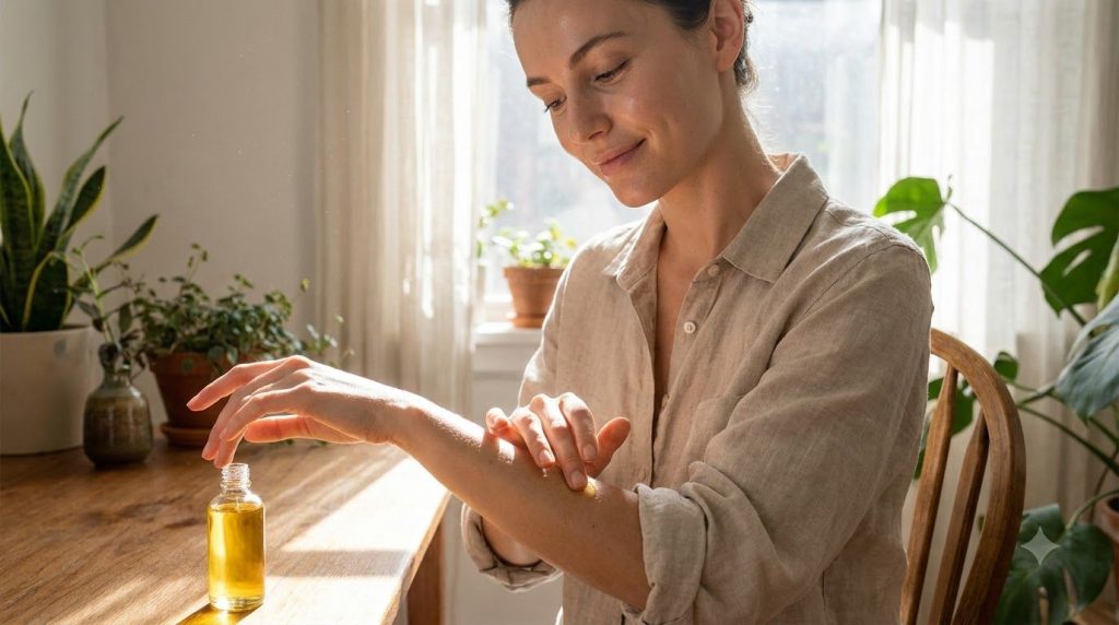 A woman gently massaging a small amount of infused oil onto her arm demonstrating the application of the DIY beauty reme