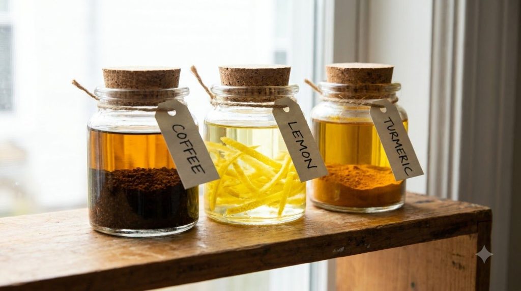 Close-up of three small glass jars each containing Johnson s Baby Oil infusing with different ingredients one with coffe