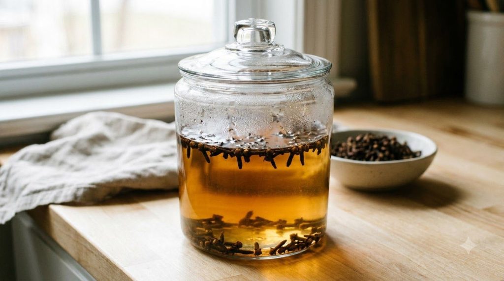 Whole cloves steeping in a glass jar of hot water on a kitchen counter