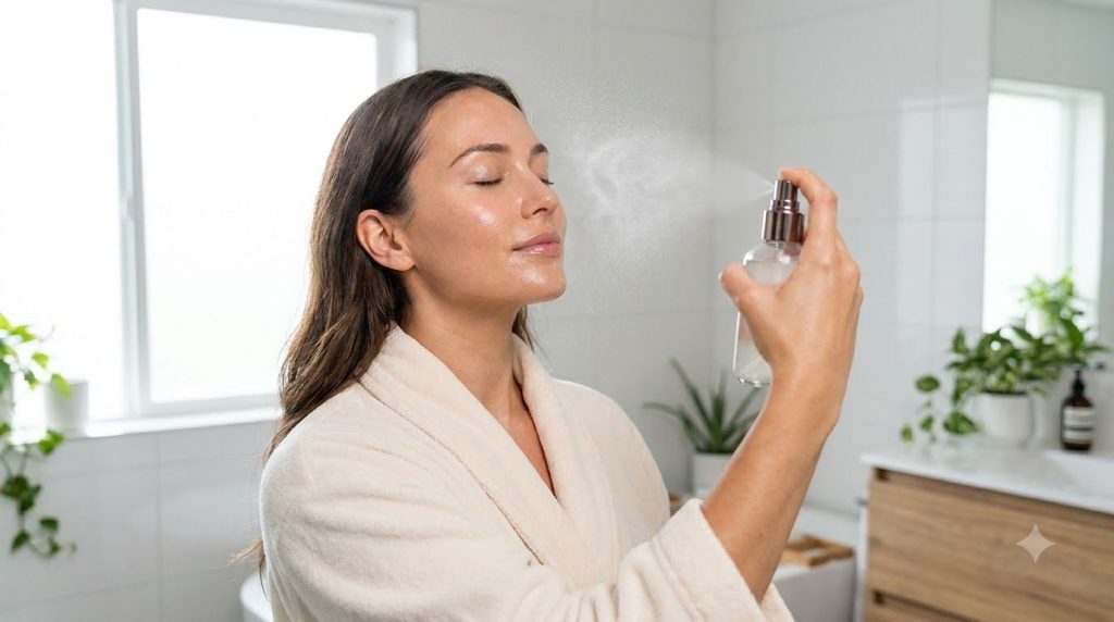 A woman gently spraying a fine mist from a small spray bottle onto her clean face eyes closed in a brightly lit bathroom