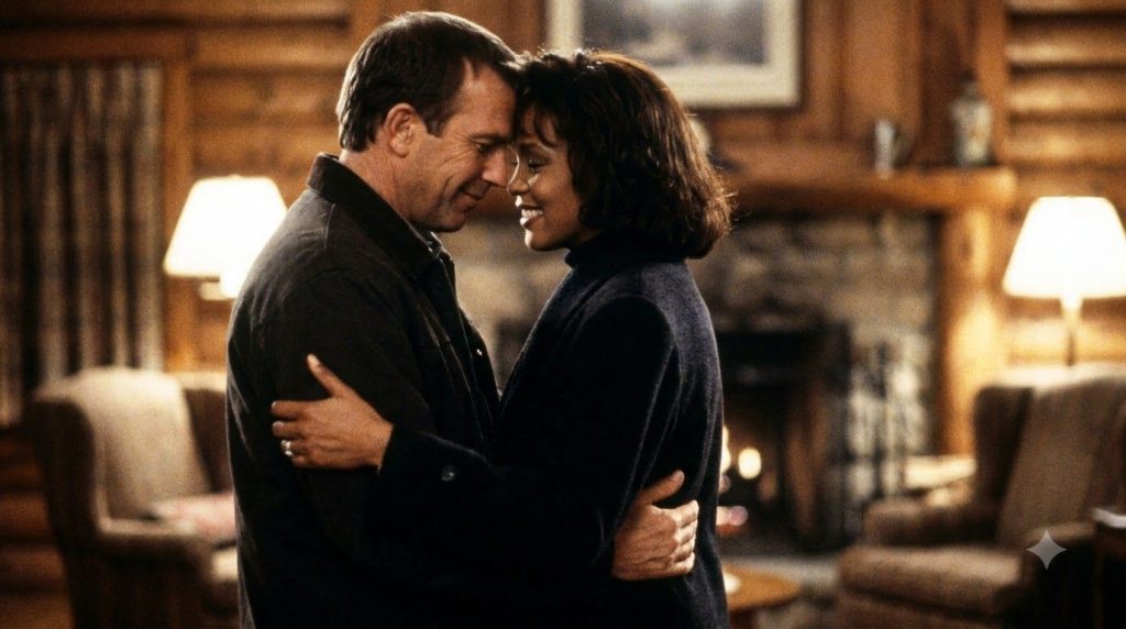 Kevin Costner and Whitney Houston in a romantic scene from The Bodyguard showing their iconic chemistry