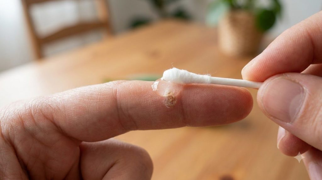 A hand applying aloe vera gel to a small wart on a finger using a cotton swab