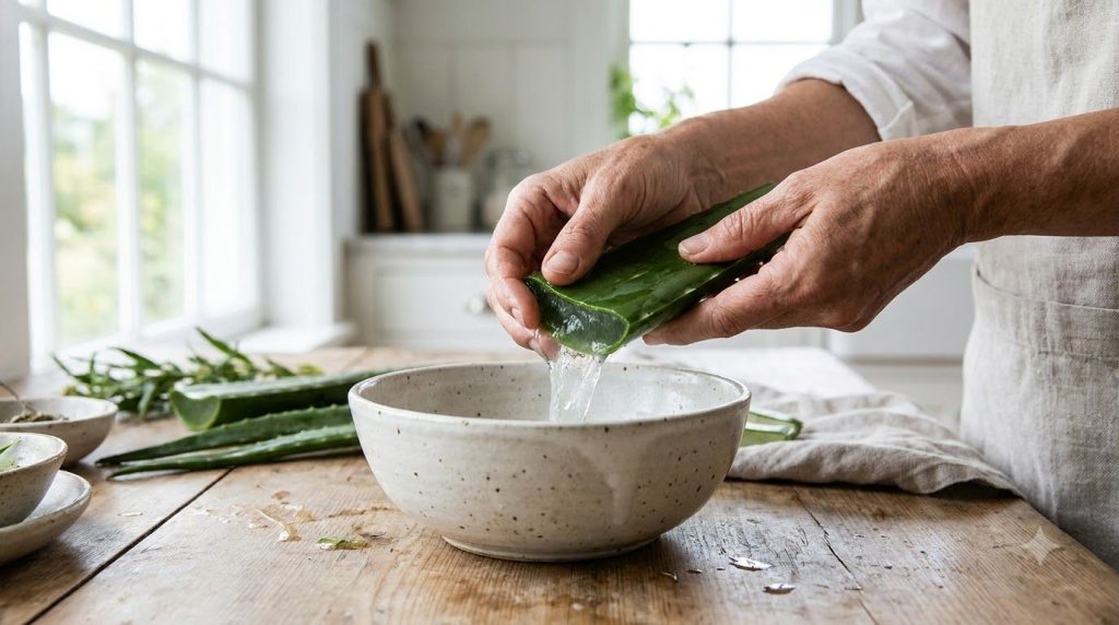 A person scooping fresh aloe vera gel from a sliced aloe leaf into a small bowl ready for a DIY remedy