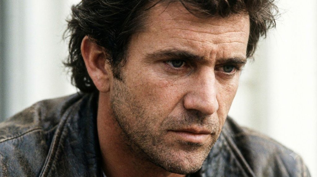 A striking portrait of Mel Gibson in his prime with a thoughtful expression