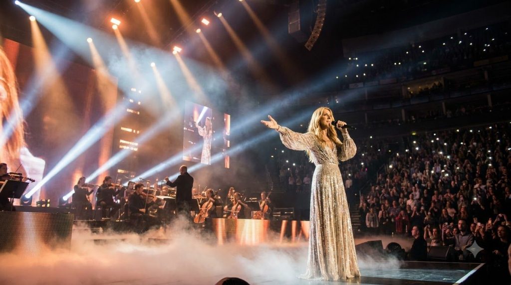 Celine Dion performing in concert commanding the stage