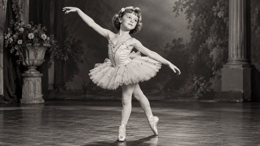 A black and white vintage photo of a young Shirley MacLaine in a ballet costume possibly in a studio or on stage looking