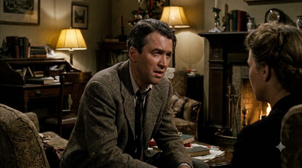 A real film still from It s a Wonderful Life featuring James Stewart as George Bailey