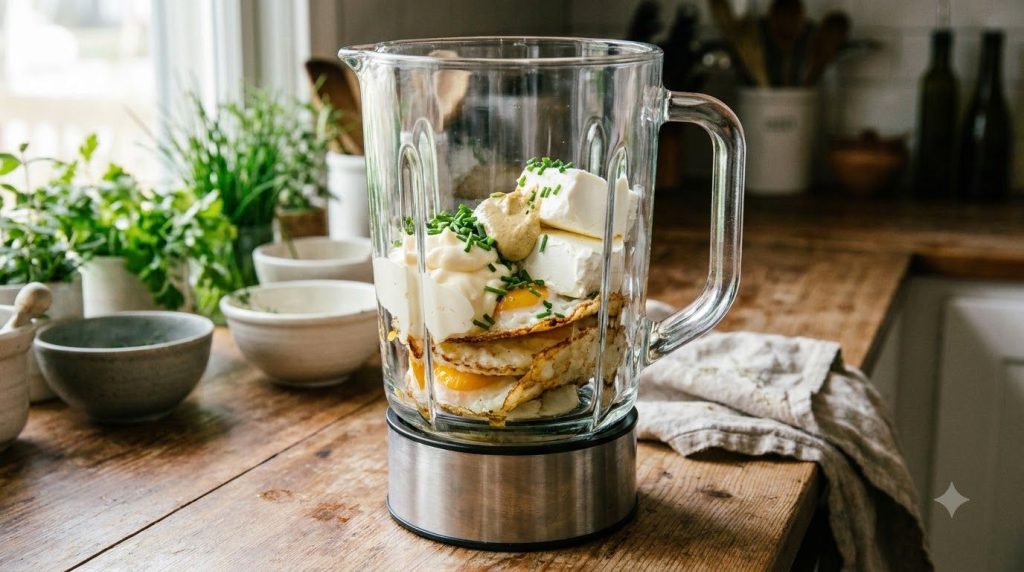 Fried eggs mayonnaise cream cheese Dijon mustard and fresh chives placed inside a blender jar ready for blending