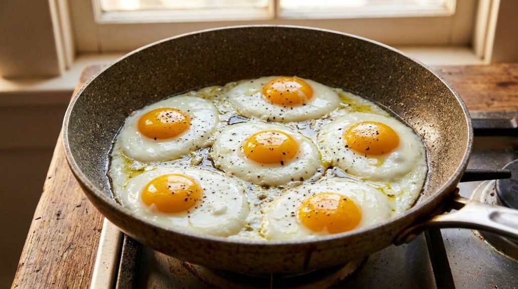 Six perfectly fried eggs with firm whites and slightly jammy yolks in a non-stick frying pan