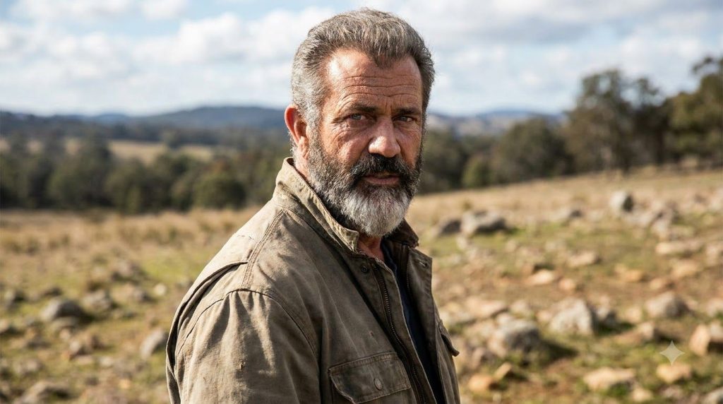 Mel Gibson with a salt-and-pepper beard looking rugged and intense embodying a mature action hero