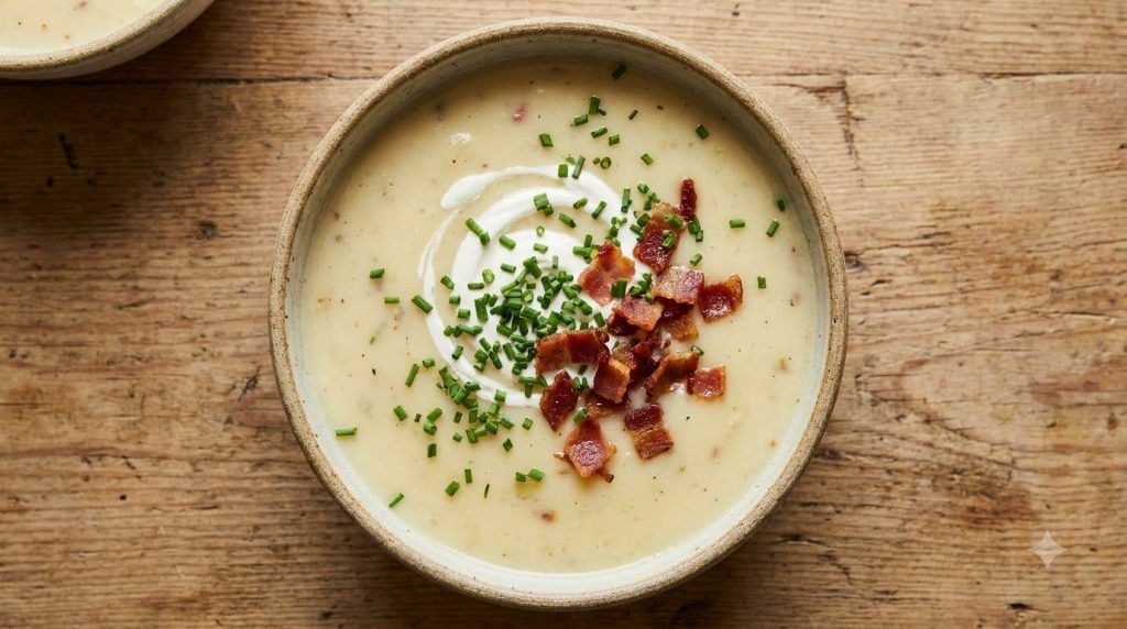 An aerial view of a small bowl filled with creamy potato soup garnished with a swirl of sour cream a sprinkle of fresh c
