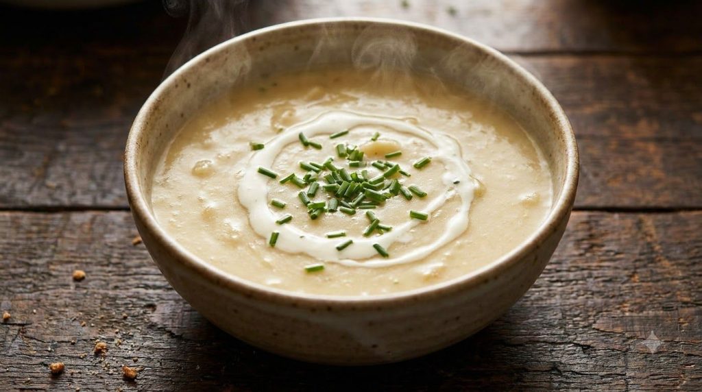 A close-up shot of a steaming bowl of creamy blended potato soup garnished with fresh chopped chives and a swirl of crea