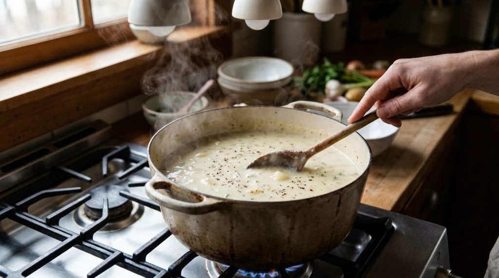Creamy potato soup simmering in a large pot with a wooden spoon stirring it