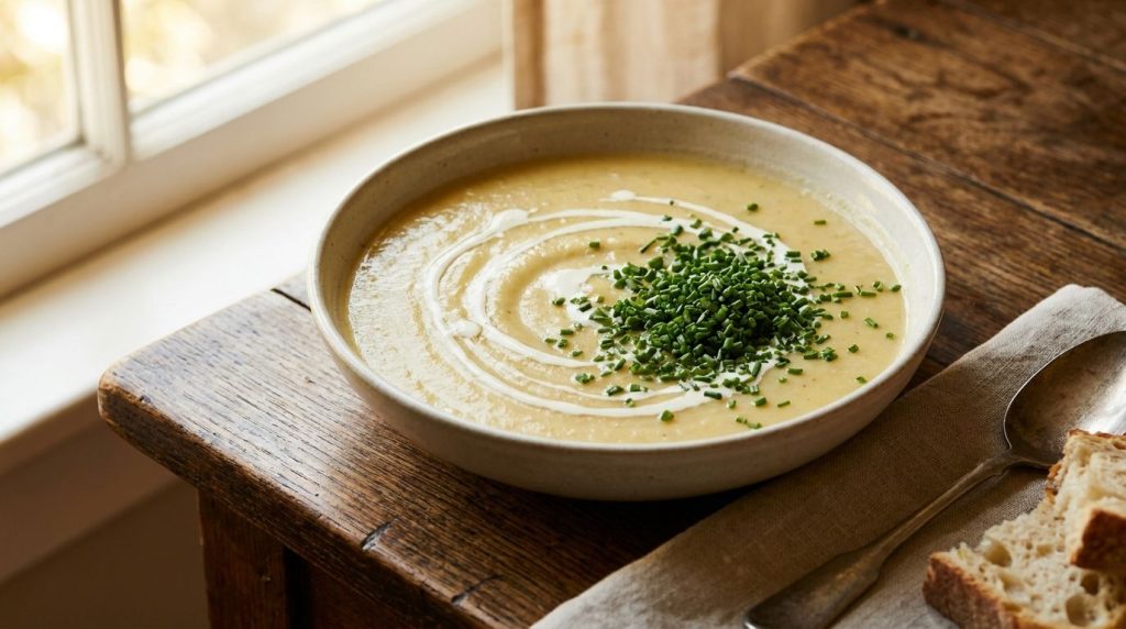 A bowl of creamy blended potato soup garnished with fresh chives