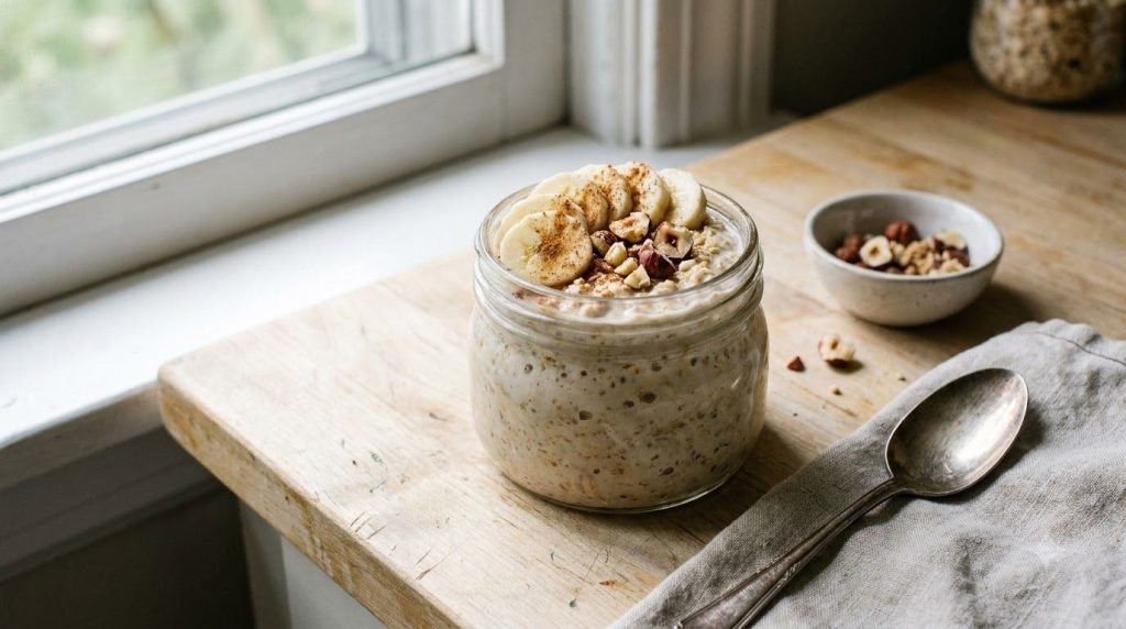 A clear glass jar of overnight oats topped with banana slices hazelnuts and a sprinkle of cinnamon photographed with nat