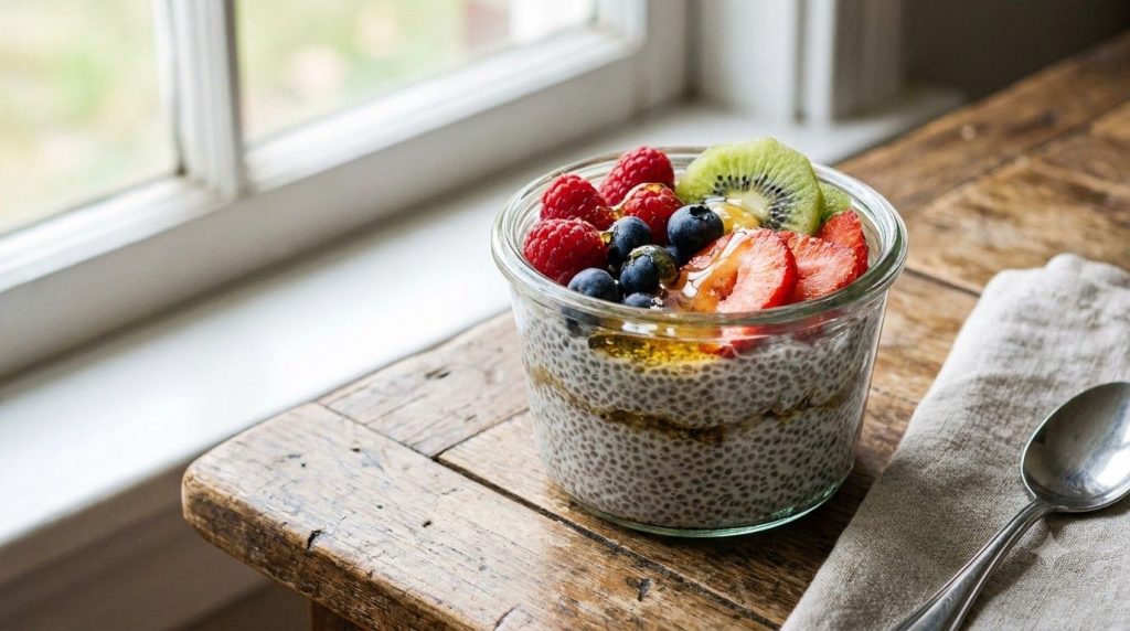A beautiful glass jar of chia pudding topped with fresh berries sliced kiwi and a drizzle of honey set on a rustic woode