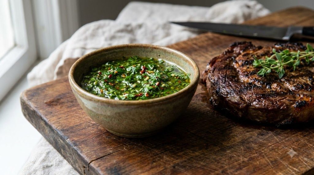 A vibrant green chimichurri sauce in a small bowl next to a grilled steak garnished with fresh herbs