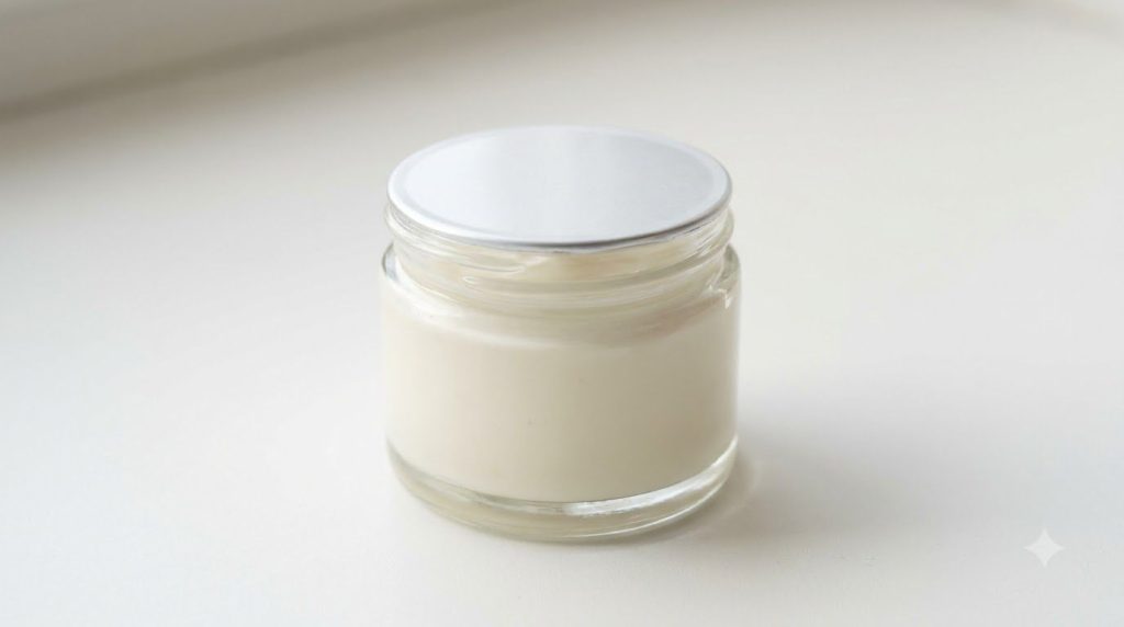 The finished Nivea and Vaseline skincare blend stored in a small clean airtight glass jar