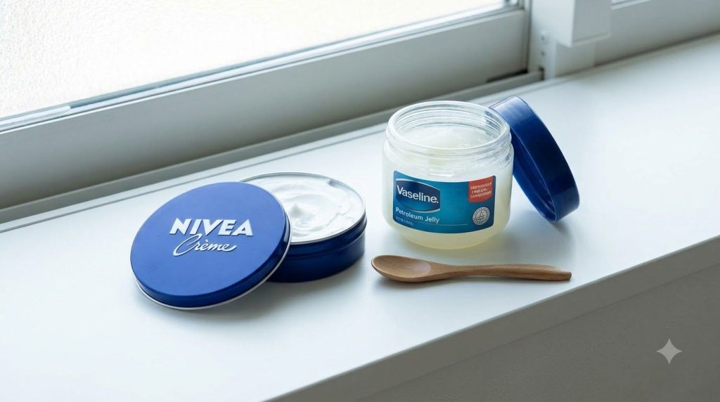 Nivea Cream and Vaseline petroleum jelly laid out on a clean surface ready to be mixed