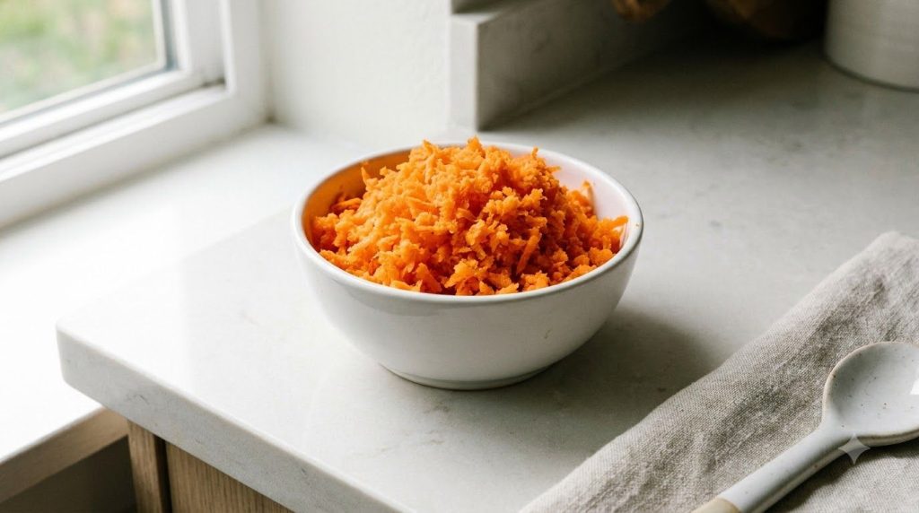 Finely grated orange carrots piled in a small white bowl on a light-colored surface