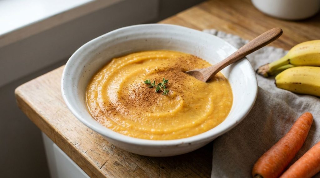 A smoothly combined banana carrot mash in a white bowl ready to be served