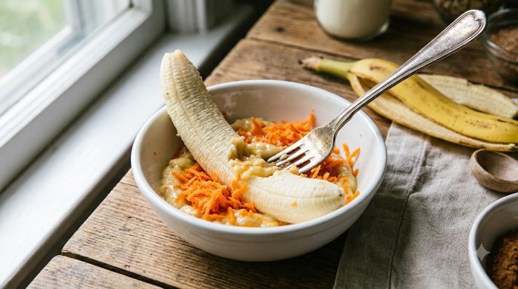 A ripe banana being mashed with a fork in a bowl alongside finely grated carrots