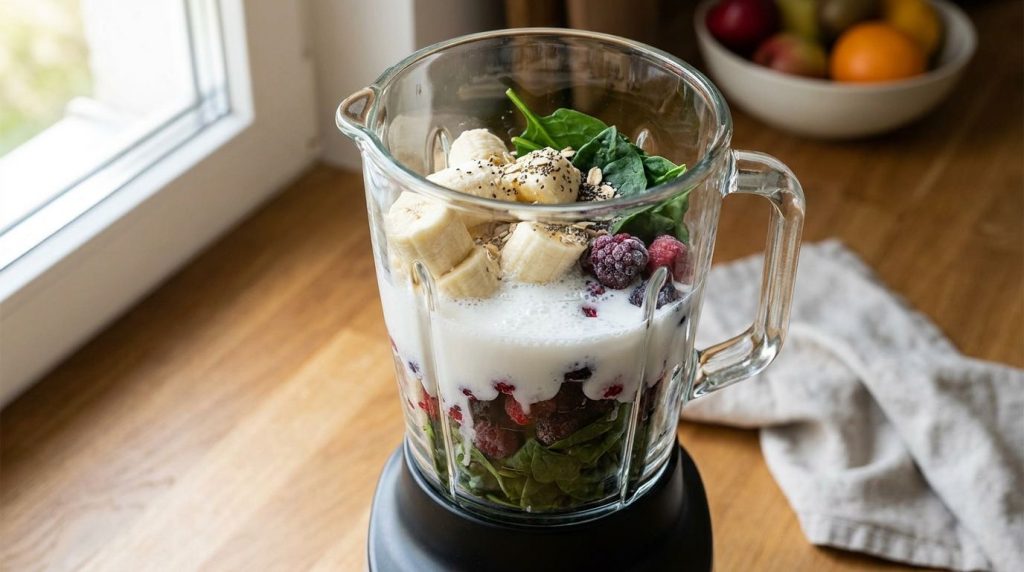 A high-speed blender containing peeled banana chunks milk and other smoothie ingredients ready to be blended