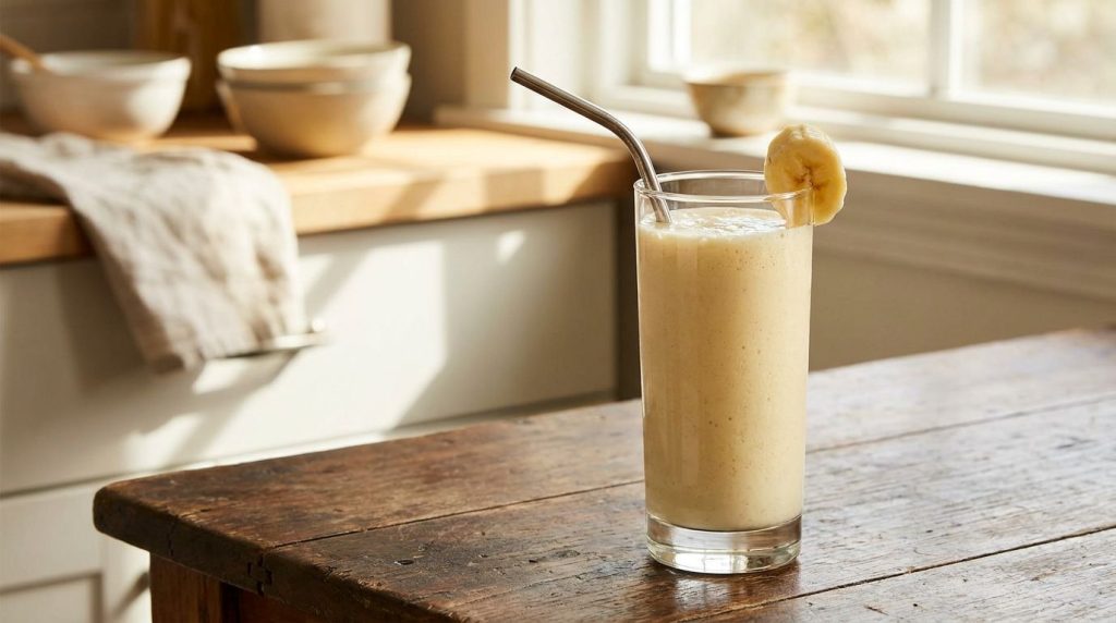 A freshly blended banana smoothie in a tall glass with a straw garnished with a slice of banana or a berry