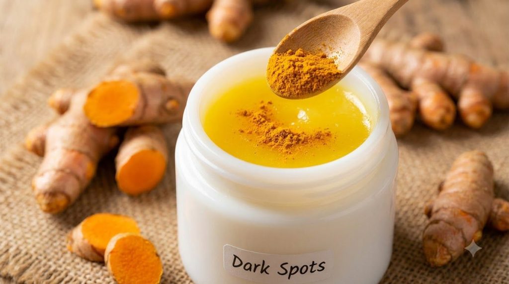 A white-labeled petroleum jelly jar filled with vibrant yellow jelly with turmeric powder being sprinkled from a wooden 