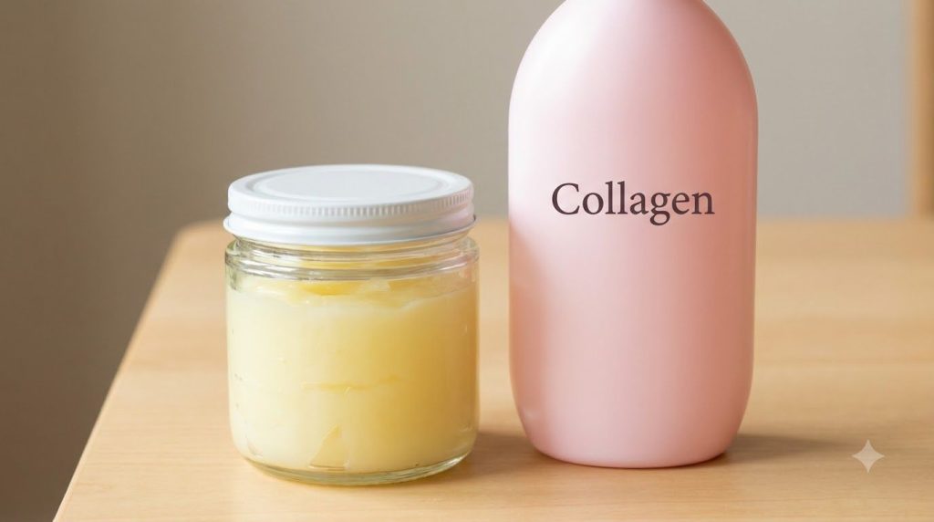 A white-labeled petroleum jelly jar filled with a creamy yellow jelly placed next to a small pink bottle of baby oil lab