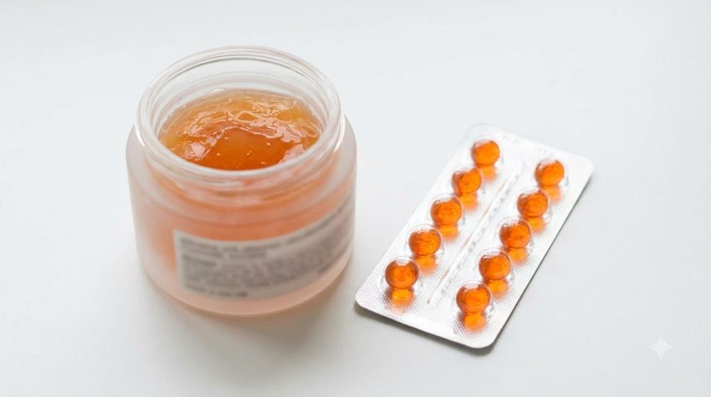 A white-labeled petroleum jelly jar containing an orange-tinted jelly accompanied by orange capsules in a blister pack l