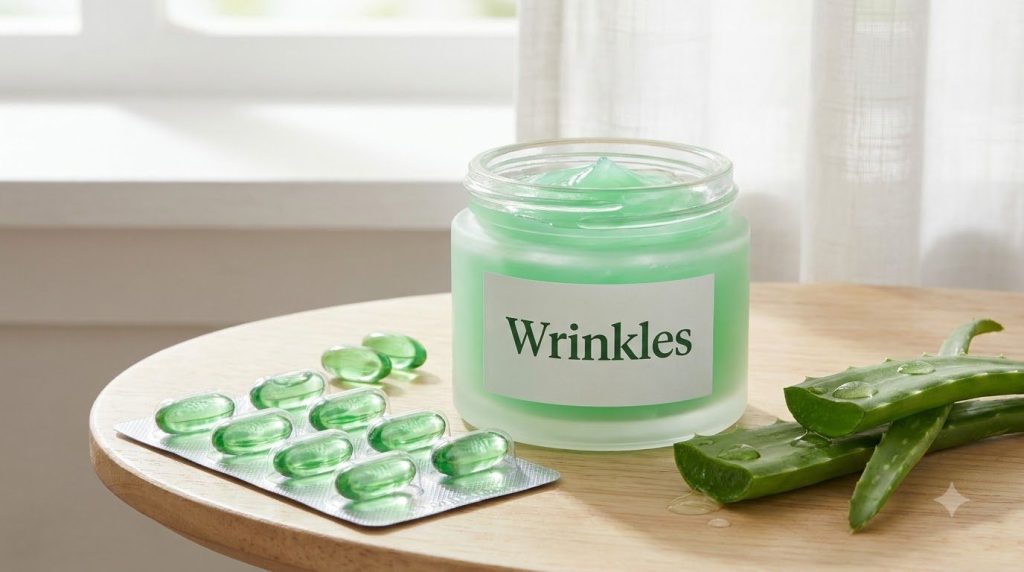 A white-labeled petroleum jelly jar containing a bright green jelly accompanied by green capsules in a blister pack and 
