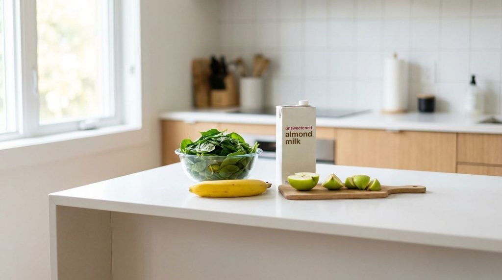 Fresh spinach a ripe banana chopped apple and a carton of almond milk laid out on a kitchen counter ready for smoothie p