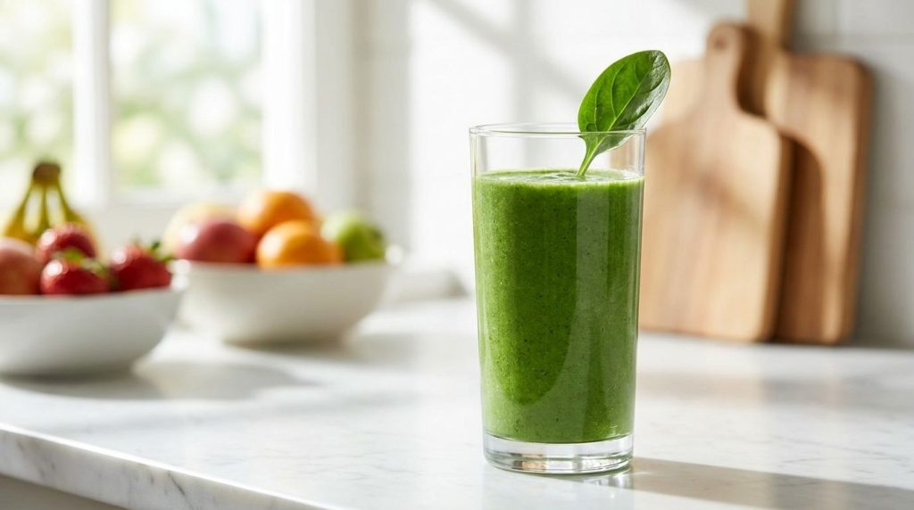 A vibrant green spinach smoothie poured into a tall glass garnished with a single spinach leaf sitting on a white counte