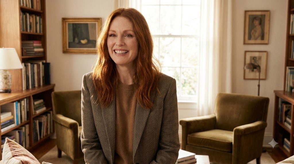 A vibrant modern portrait of Julianne Moore smiling warmly with her signature red hair reflecting her enduring star powe