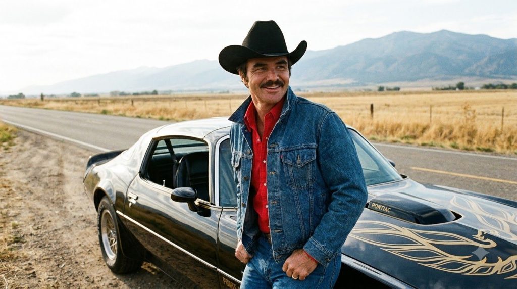 Burt Reynolds as Bandit in Smokey and the Bandit leaning against a black Trans Am wearing a cowboy hat and a wide grin
