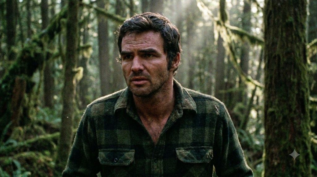 A still image of a younger Burt Reynolds from the film Deliverance looking intense and rugged in a forest or river setti