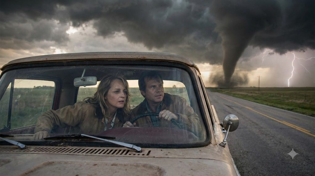 Helen Hunt and Bill Paxton in a scene from the movie Twister inside a vehicle looking intensely at a storm approaching o