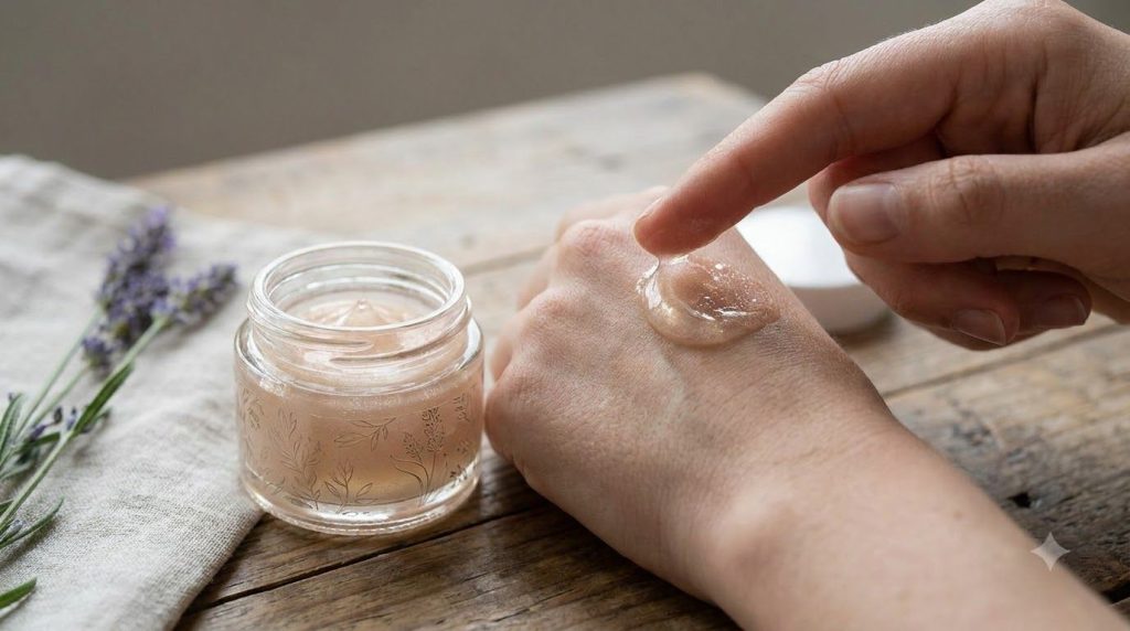 A close-up shot of a small elegant glass jar filled with the prepared Glow Gel with a finger gently dabbing some onto th