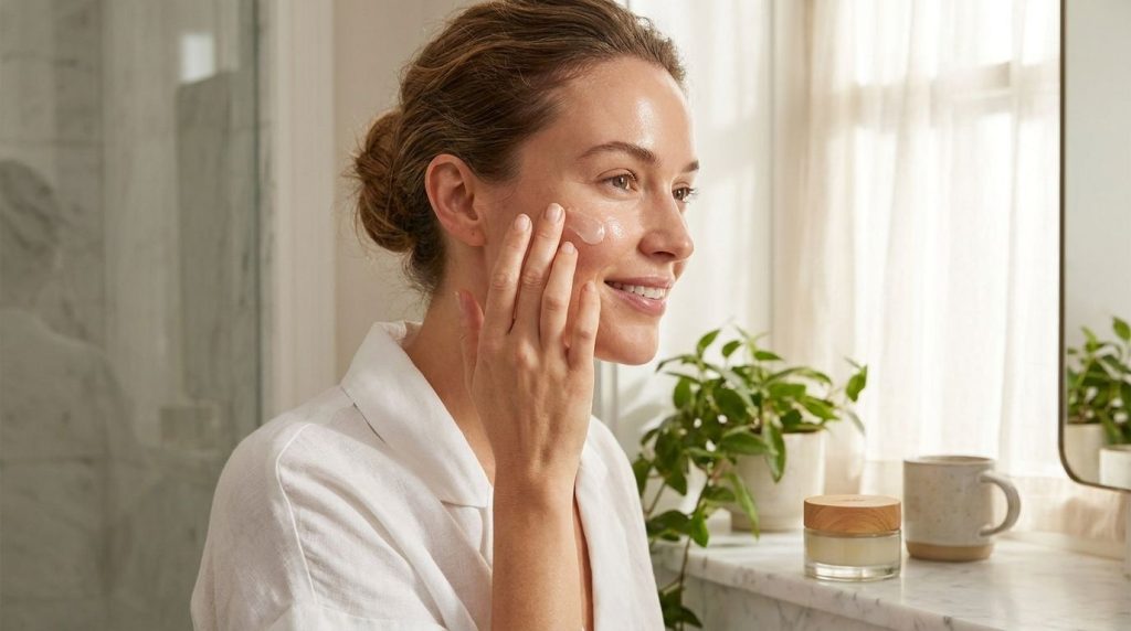 A woman gently patting a small amount of the Vaseline mix onto her cheek demonstrating application for glass skin