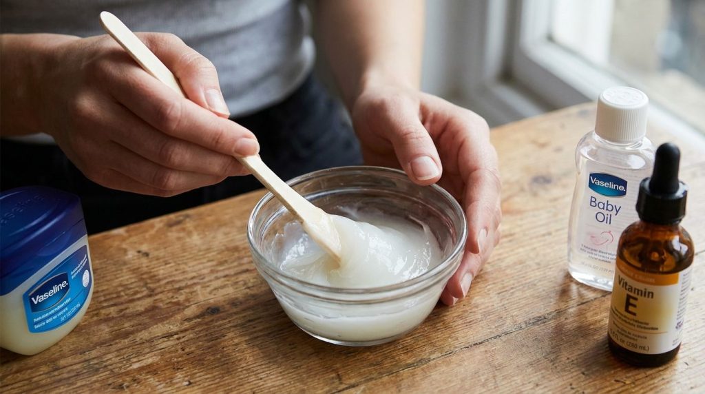 A person mixing the Vaseline baby oil and vitamin E oil in a small container with a clean spatula