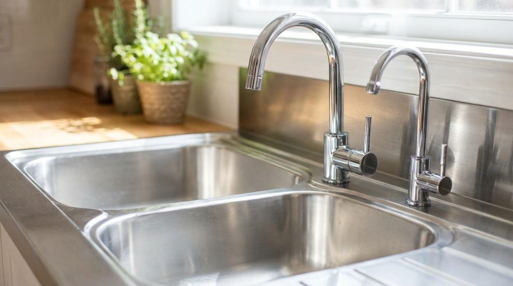 A gleaming stainless steel sink with sparkling faucets showcasing the successful cleaning results of the cola and sugar 