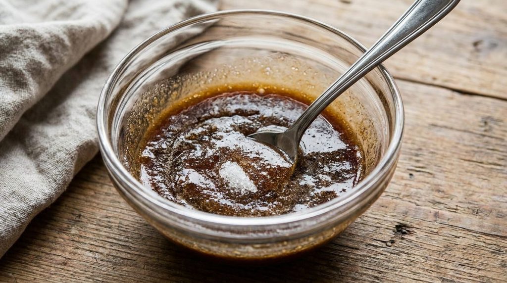 A close-up shot of a small glass bowl containing the freshly mixed cola and sugar cleaning solution with a spoon resting