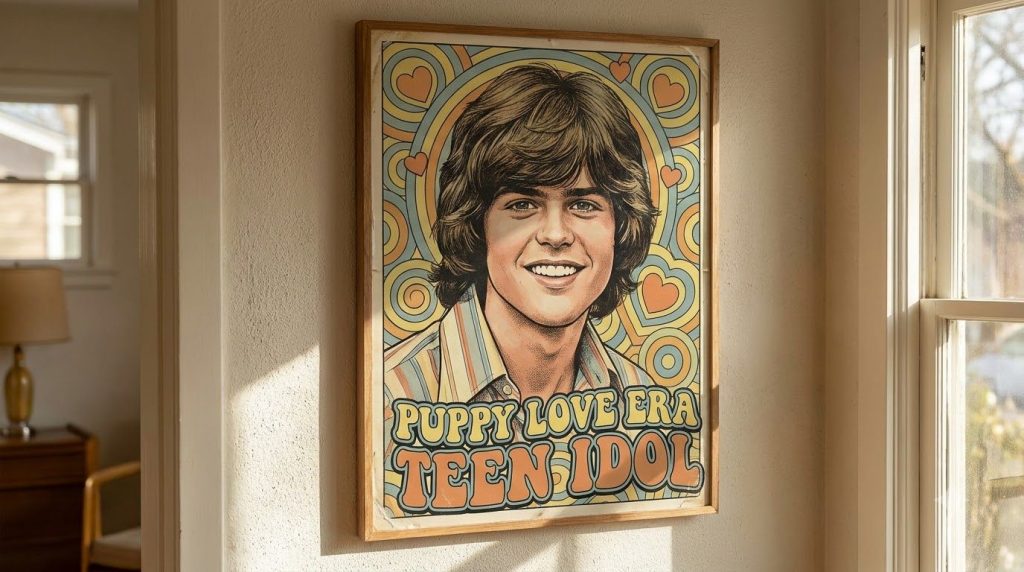 A vibrant and nostalgic poster of a young Donny Osmond from the early 1970s featuring his signature smile and hairstyle 