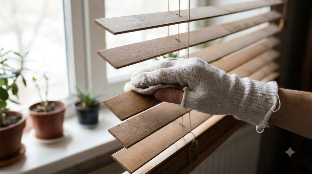 A person s hand wearing a white sock meticulously cleaning each slat of a venetian blind showing focus and careful execu