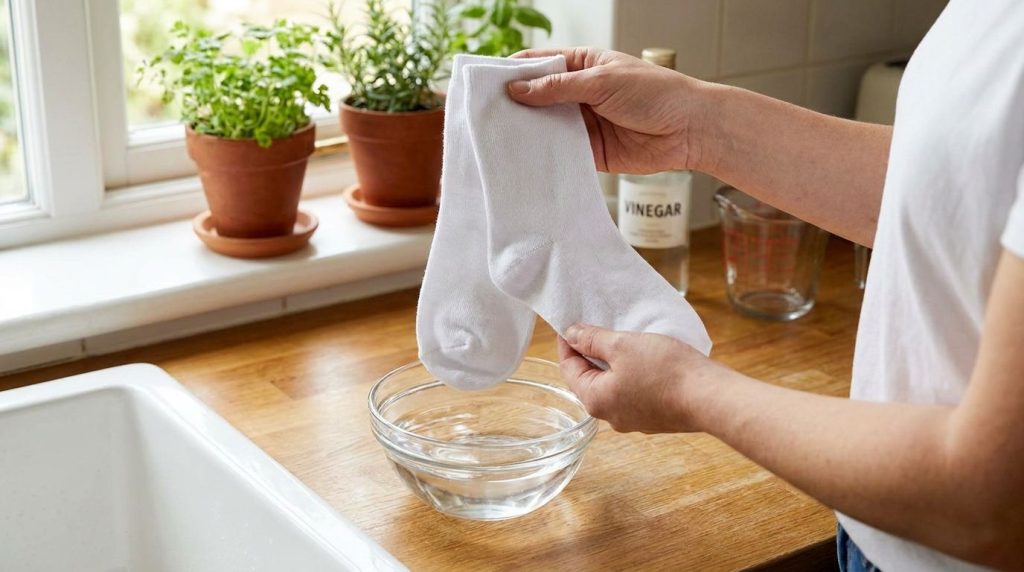 A pair of clean white cotton socks being held over a small bowl containing a clear liquid which is a mix of vinegar and 