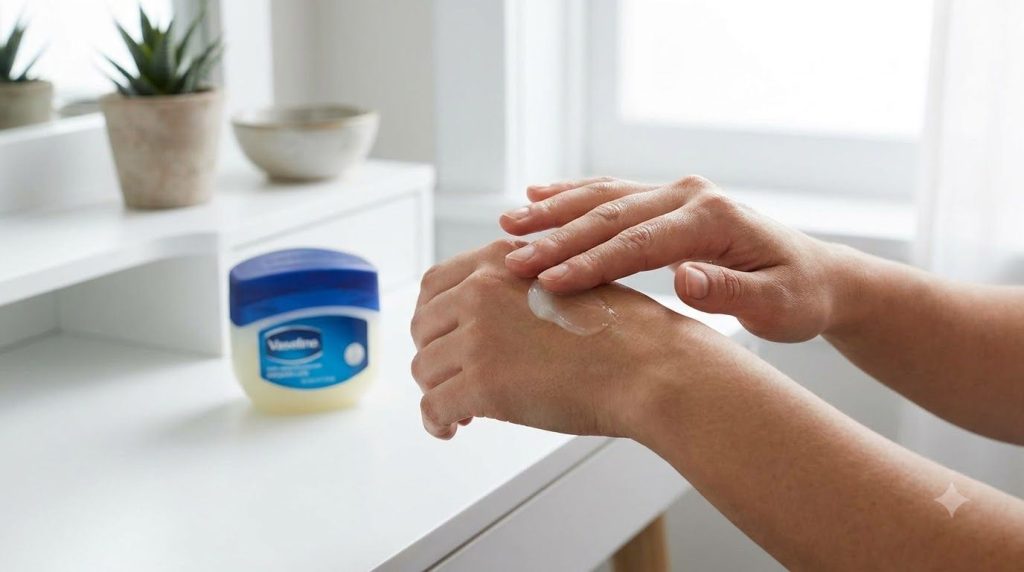 A close-up of hands applying a thick layer of Vaseline with a tub of Vaseline in the background on a clean light surface