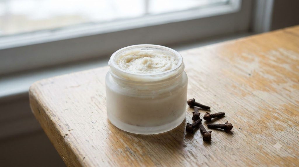 A close-up of a small glass jar filled with the solidified Vaseline and clove mixture showing its creamy texture and the