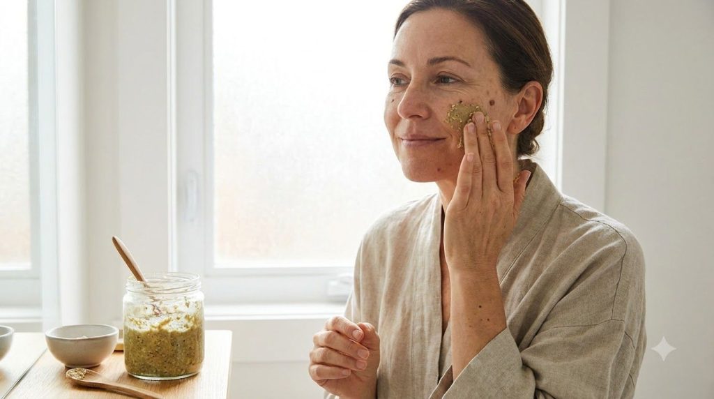A woman applying a homemade mask to her face focusing on areas with age spots using her fingertips or a soft brush